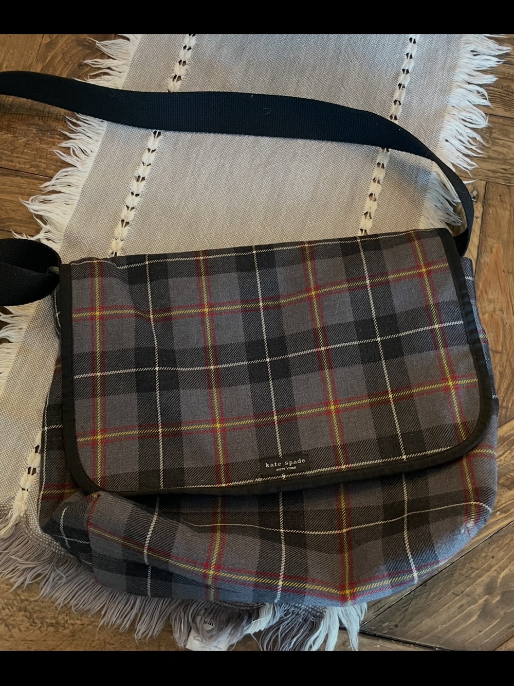 kate spade Gray Plaid Messenger Bag with Black Strap